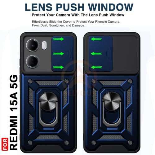 Image of Armor Bumper Back Cover Case for Redmi 15A 5G | Rotating Camera Cover, Ring Holder & Kickstand | Heavy Duty & 360 Degree Protection Redmi 15A 5G Back Cover (Blue)