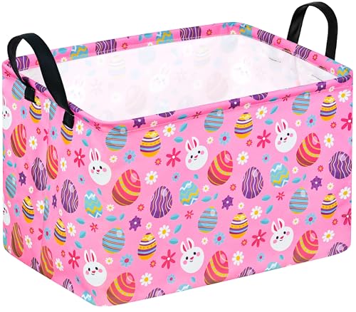 Image of Rectangle Gift Storage Basket Home Shelf Storage Basket Organizer Box Clothes Laundry Hamper Nursery Basket Laundry Basket with Handles (Pink egg)