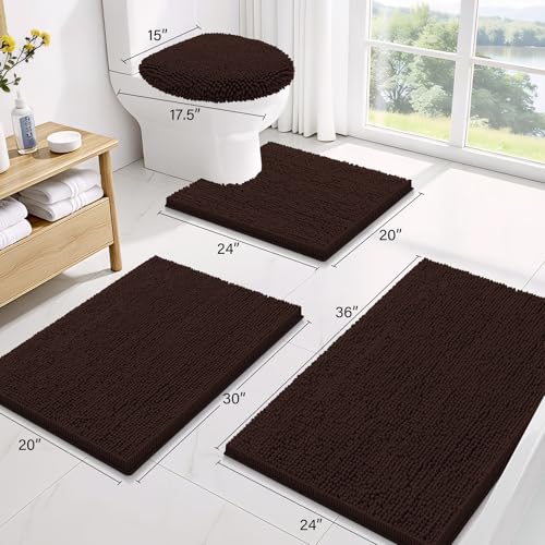 Image of Smiry Bathroom Rugs Sets 3 Piece, Soft Absorbent Chenille Bath Mat and U-Shaped Contour Toilet Rug, Machine Wash Dry Bath Mat Sets for Bathroom Tub and Floor (30 inchx20 inch+24 inchx16 inch+24 inchx20 inch, Brown)