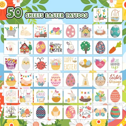 Easter Egg Fillers Goodies for Kids, 50 Sheets Easter Tattoos for Kids Bulk Individually Wrapped Party Supplies Favor, Easter Temporary Tattoos Stickers for Kids Goodie Basket Stuffers - Image 3