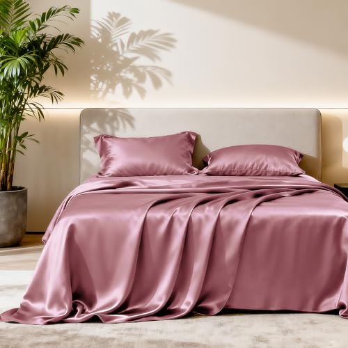 Image of Love's cabin Full Size Satin Sheet Sets - 4 Piece Rose Taupe Silky Sheet Set Full with Deep Pocket, Luxury Silk Feel Bed Sheets Full Bedding Set (1 Flat Sheet,1 Fitted Sheet,2 Pillow Cases)