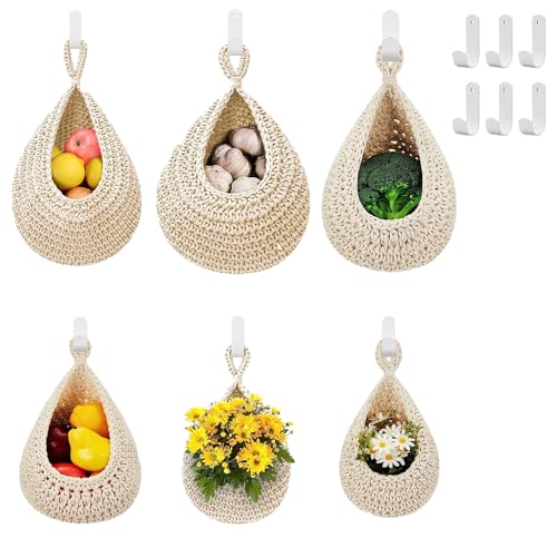 Bocnity 6 Pack Hanging Fruit Basket for Kitchen,Boho Wall Hanging Fruit Baskets Wall Fruit Hanging Baskets For Organizing With 6 Pcs Strong Hooks Vegetable Potato Basket for Pantry (White)