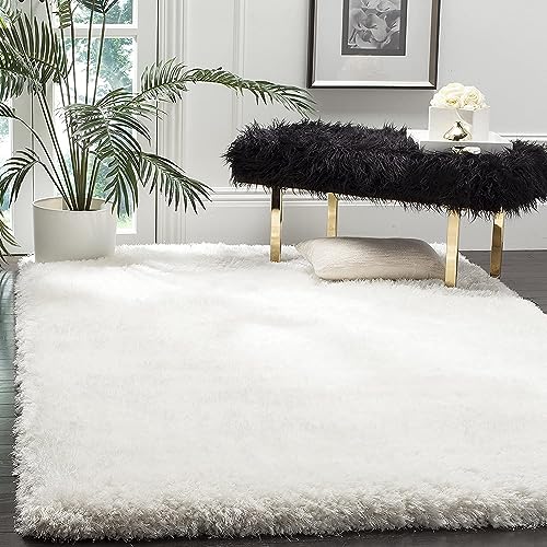 Image of AROMICK Modern Polyester Anti Slip Shaggy Fluffy Rug and Carpet for Living Room, Bedroom & Dining Room (4 x 6 Feet, White)