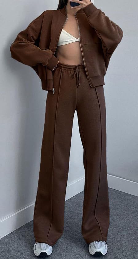 Women's 2 Piece Sweatsuits Set Long Sleeve Zip Up solid color Sweatshirt Wide Leg Sweatpants Lounge Sets