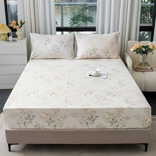 葉ダブルベッド シーツ植物ベッドカバー柔らかい通気性マイクロファイバー 3点セット防ダニ高反発 吸水 速乾 抗菌 防臭 防ダニと 2 枕カバー43x63 cm着脱簡単 丸洗い可能 マットレスカバー140x200x30 cm