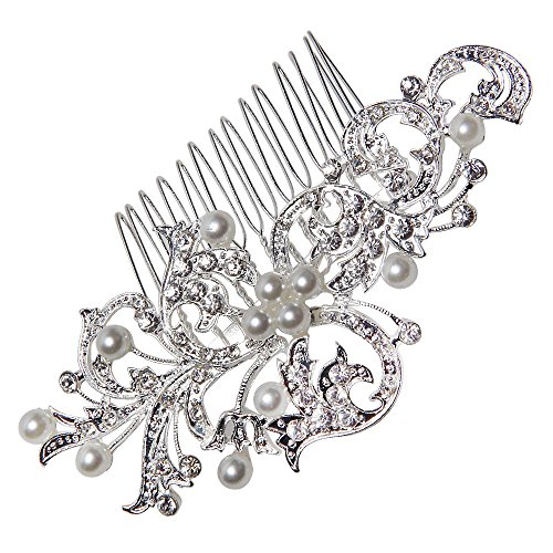 niceEshop(TM) Bridal Wedding Jewelry Crystal Rhinestone Bride Pearl Hair Comb Pin (Silver,Leafs)