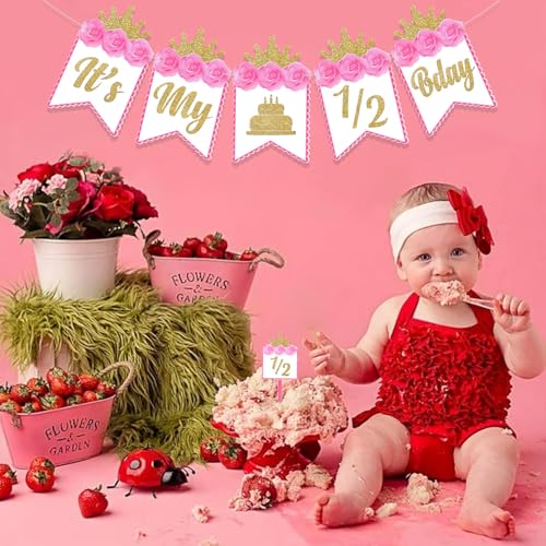 Image of Rozi Decoration Its My Half Birthday Pink Banner for Princess | Half Birthday Decoration for Baby Girl | Pack of 1 Set