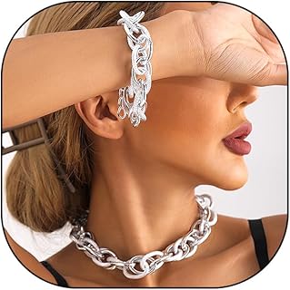 Chunky Gold Cuban Chain Necklace and Bracelets for Women,Fashion Punk Hip Hop Thick Link Jewelry Set,Personality Party Band Gathering Jewelry Gifts