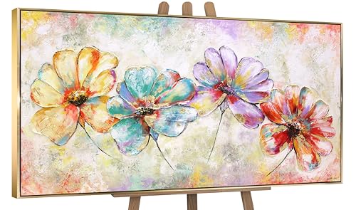 YS Tableau Peinte à la Main Belles Fleurs Toile Abstraite Moderne de Grandes Couleurs Vives Rouge Bleu Beige avec Or avec cadre 140x70 cm