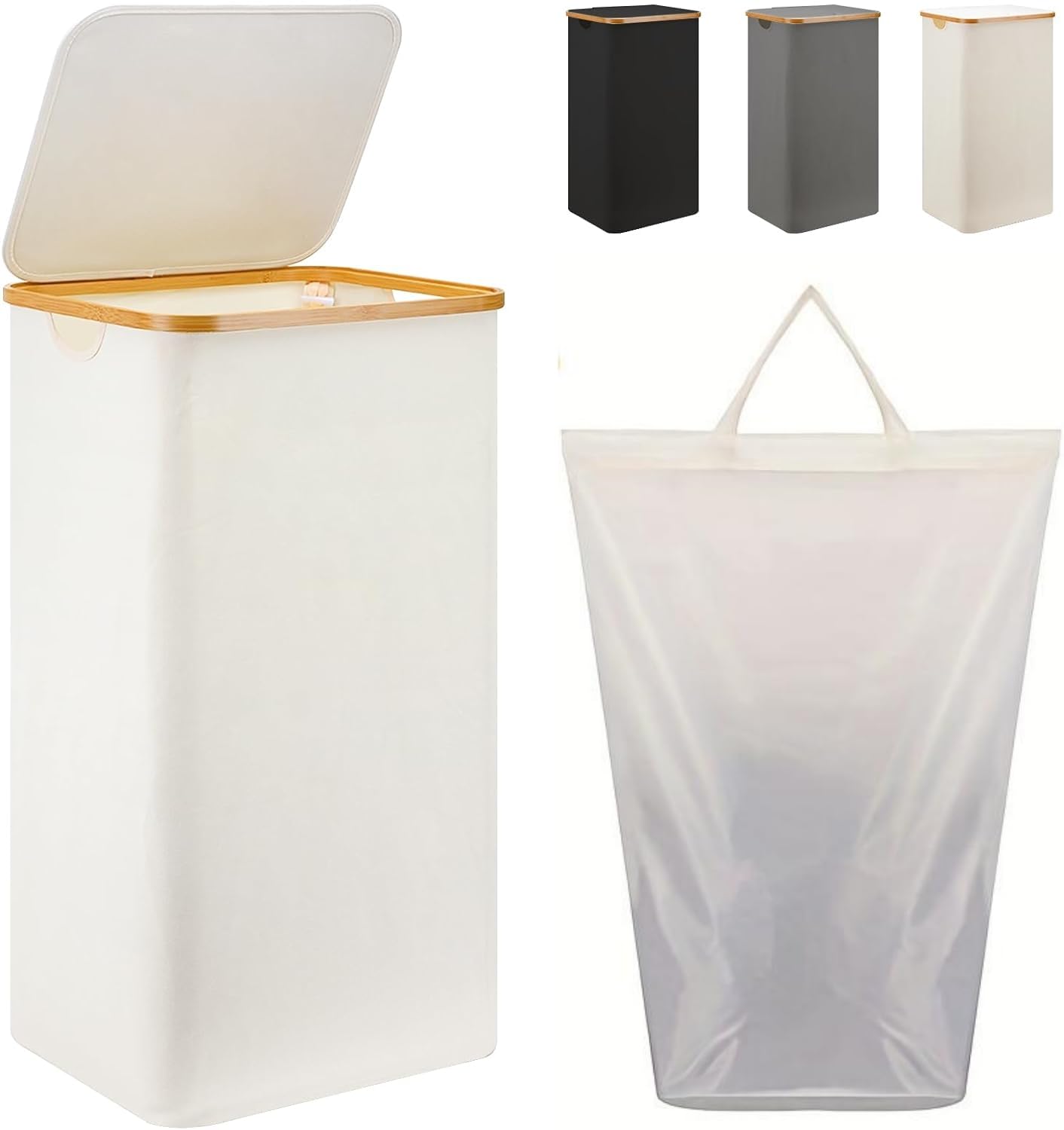 CENXI Laundry Baskets with Lid, Beige 100 Liters Large Washing Basket for Laundry with Handles Laundry Hamper for Bedroom Bamboo Bathroom Bin (White)