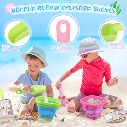 FHOZGECY Beach Toys, 8PCS Sand Toys with 2 Collapsible Beach Buckets and 2 Sand Shovels, 2 Beach Mesh Shovels with 2 Seashell Bags for Shell Collecting, Shark Tooth Sifter for Kids Adults Boys Girls - Thumbnail 4
