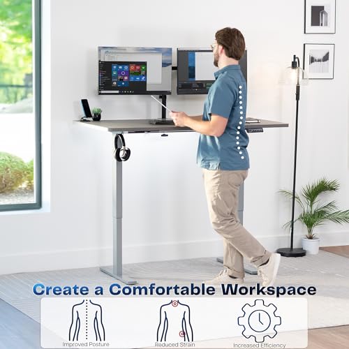 Image of VIVO Dark Gray 60 x 30 in Standing Desk, DESK-KIT-1G6G-30 | Electric, Holds 220 lbs, Sit Stand, Height Adjustable, Extra Deep Table Top, Memory Presets, 1B Series, Gray Frame