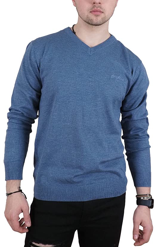 Enzo Moretti Mens V-Neck Knitted Jumper 100% Cotton Branded Essential Classic Fit Denim Marl