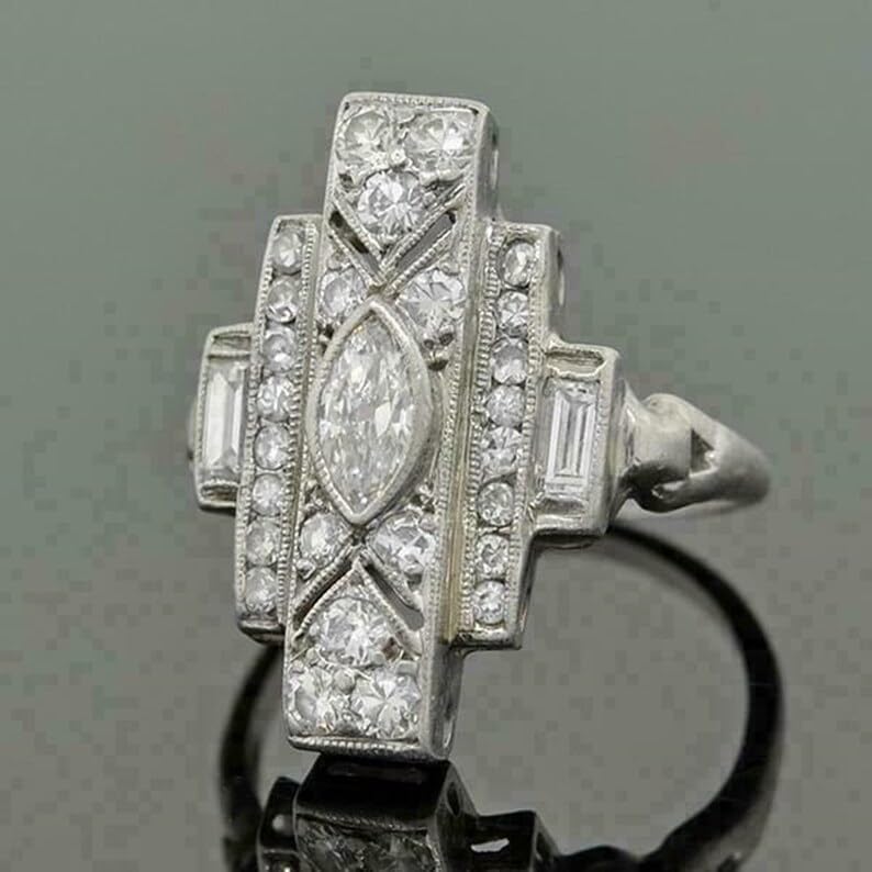 Vintage 1920s Style Engagement Ring Marquise Baguette Cut Moissanite Diamond Ring Antique Inspired Wedding Ring For Woman Gift For Her 925 Sterling Silver Handcrafted Edwardian Ring3