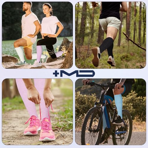 Image of +MD Cotton Compression Socks for Women & Men 4 /6 Pairs 15-20mmHg Knee High for Sports, Travel, Nursing Long Sitting Standing