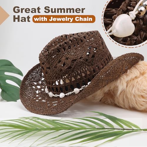 Image of DRESHOW Straw Cowboy Cowgirl Hat for Women Men Western Coastal Cowboy Beach Hat with Shapeable Brim Unisex Rolled up Caps