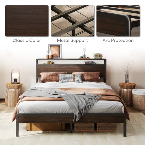 Image of LIKIMIO Queen Bed Frame with Headboard, Dark Wood Camas Queen with Strong Supports, Sturdy, Noise-Free, No Box Spring Needed, Dark Brown
