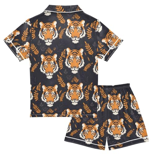 Hand Drawn Tiger Summer Satin Pajama Set, Cute Button-Down Sleepwear Pj Set for Sleep Wears2