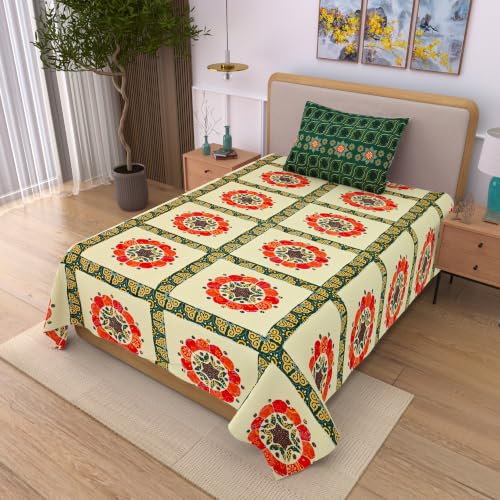 Image of 100% Cotton Single Bedsheet with 1 Pillow Cover | 240 TC Pure Cotton Flat Bed Sheet | Traditional Jaipuri Printed Bedding Set | Soft & Breathable | 60 x 90 Inch (Rangmahal Single 69)