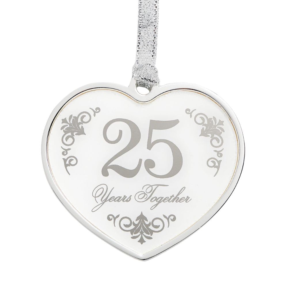 Roman 25th Anniversary Heart Ornament – Silver and White Hanging Keepsake – Elegant Gift-Boxed Celebration Decoration for 25 Years Together