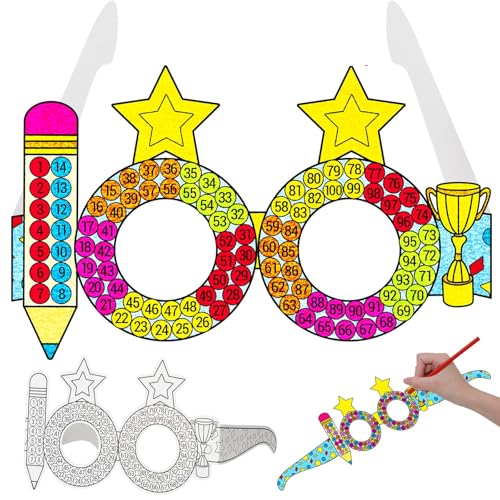 Lonfliness 36 Packs 100 Days of School Countdown Coloring Glasses Happy 100th Day of School DIY Coloring Paper Glasses Color Your Own Glass Crafts Gift Home Classroom Activities Games Supplies