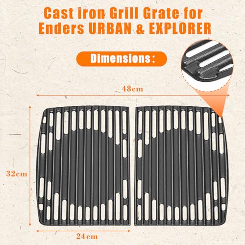 GFTIME 32 x 48cm Gusseisen Grillrost Set für Enders Urban, Urban Pro, Explorer, Explorer Pro Gasgrill (vor 2025), Massives Gussrost Zubehör, Nicht für Enders Urban II & Explorer II, 2 Stück