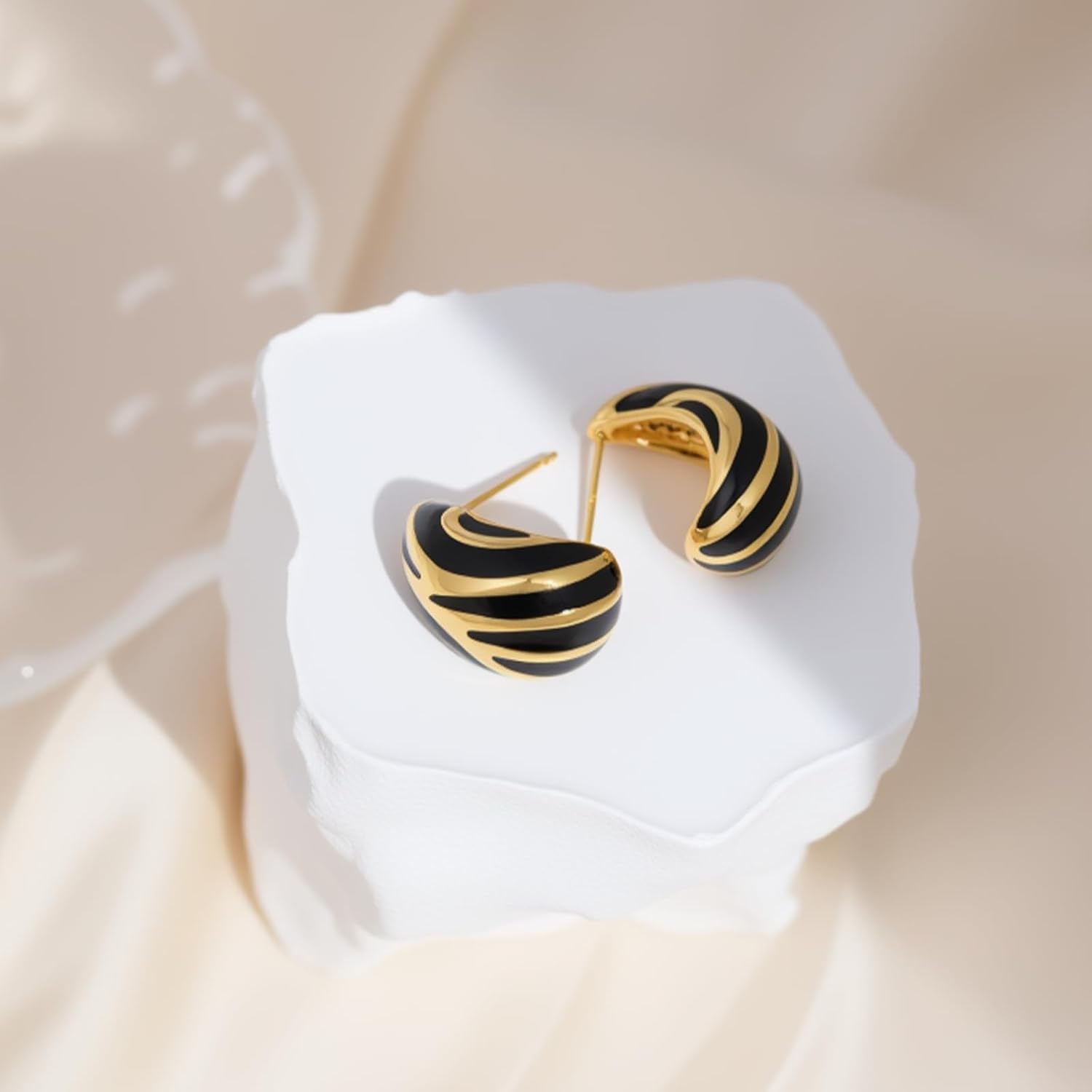 Chunky Gold Teardrop Stud Earrings for Women Black and Gold Statement Hoop Earrings - Image 7