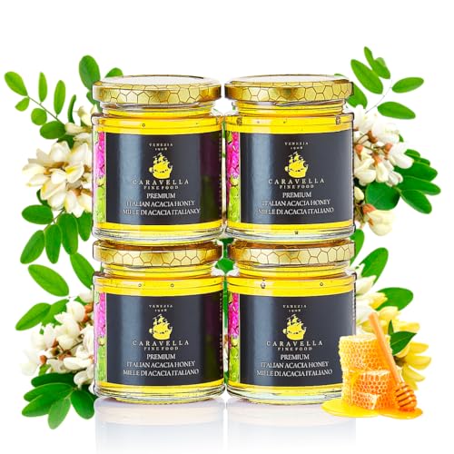 Caravella Fine Food - 4x Miel de acacia italiana 250 g - Dulzura ligera y suave - Miel delicada pura cruda sin pasteurizar - 100% italiana - Edulcorante natural (250 g x 4(1 kg))