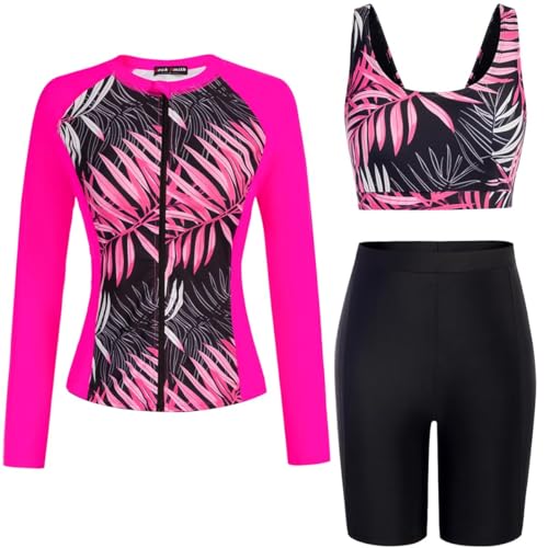 Image of JACK SMITH Women's 3 Piece Long Sleeve Rash Guard Swimsuits Zip Front Bathing Suit Tankini Swimsuits UPF 50