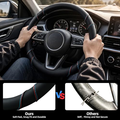 Microfiber Leather Steering Wheel Cover with Anti-Slip Lining Breathable and Soft Universal 14.5-15 inch, Steering Wheel Protector Compatible with Most of Cars and Trucks (Black) — view 2