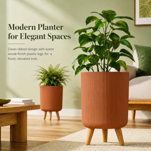 Image of Eightiz Store Modern Wood Brown Flower Pot with Plastic Legs | Indoor Outdoor Planter for Home Garden Balcony Decor Ribbed Design Sturdy Plastic Mid-Century Style (Wood Brown, Pack of 2)