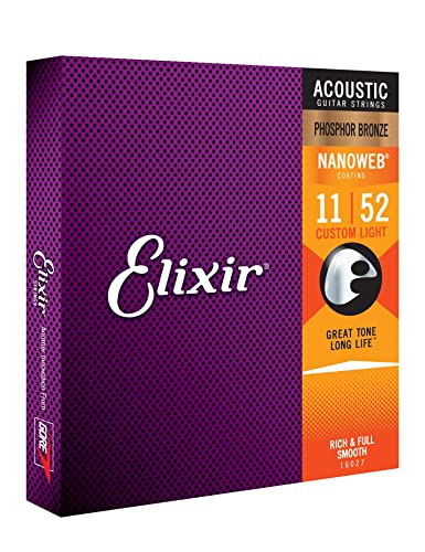 Elixir Phosphor Bronze Nanoweb 16027 カスタム ライト 11-52 アコースティックギター弦 3本パック エリクサーピック付き