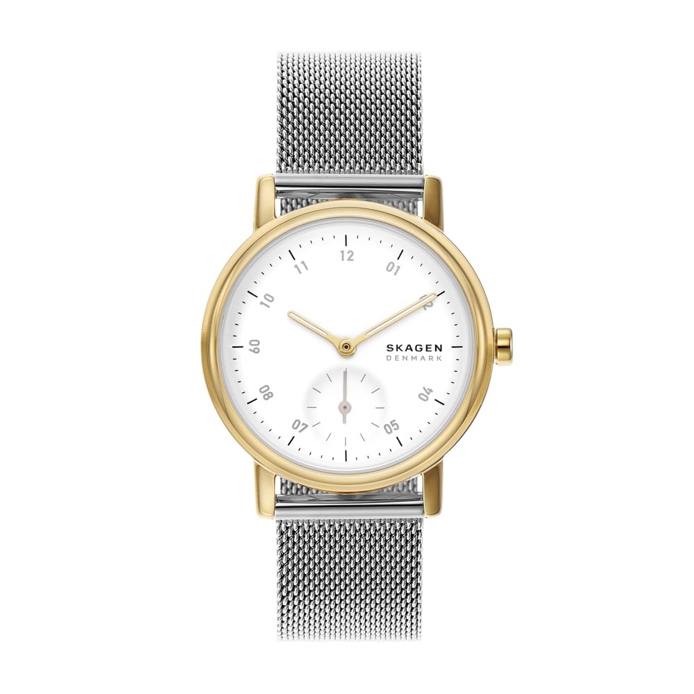 Skagen Orologio Kuppel per donna, movimento al quarzo a tre lancette con cinturino in acciaio inossidabile, tessuto o pelle, 32 mm, Tono argento e tono oro