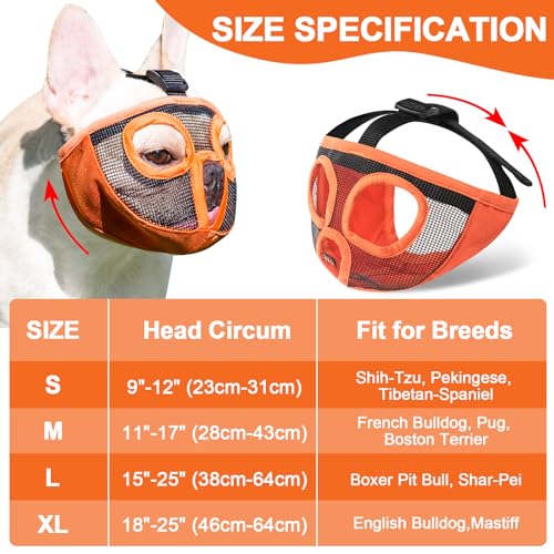 Image of Short Snout Dog Muzzles- Adjustable Breathable Mesh Bulldog Muzzle for Biting Chewing Licking Training Grooming Dog Mask (Orange, Small /9 inch-12 inch)