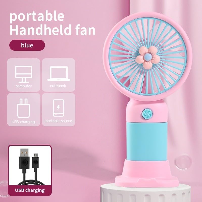 PDAteknoloji Çiçek Tasarımlı Taşınabilir,Şarjlı,Mini El Fanı Pembe/Mavi DD5017APM