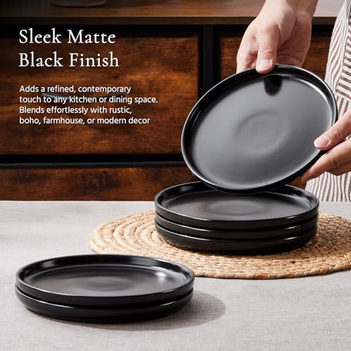 Image of E-far 8 inch Ceramic Salad Plates Set of 6, Stoneware Dishes Dessert Plate for Home Kitchen Restaurant, Microwave & Dishwasher Safe - Matte Black