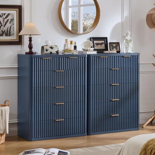Image of LEYAOYAO Fluted 6 Drawers Dresser for Bedroom Set of 2, 42 inch Tall Modern Chest of Drawer with Metal Handle, Curved Profile Design,Wood Drawer Organizer for Bedroom, Living Room, Hallway,Blue