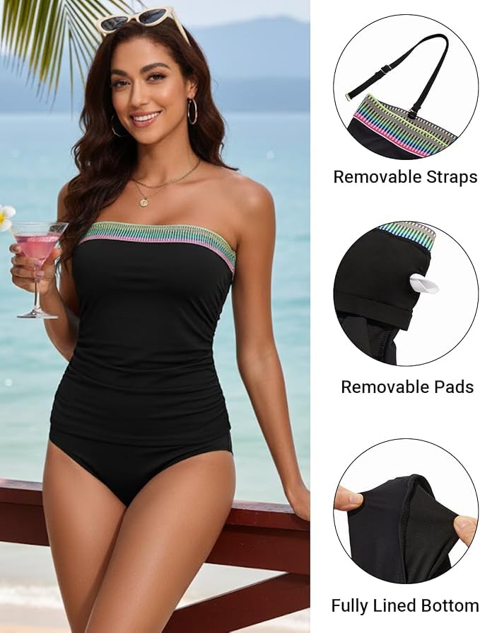 Image of Daci Women Strapless Tankini Tummy Control 2 Piece Bandeau Swimsuit