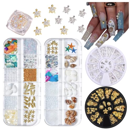Pizadix 6 Boxes Summer Nail Art Rhinestones, 3D Ocean Theme Nail Charms Alloy Sliver Gold Beach Starfish Conch Seashell for Women Girls Nail Decorations DIY Craft Jewelry