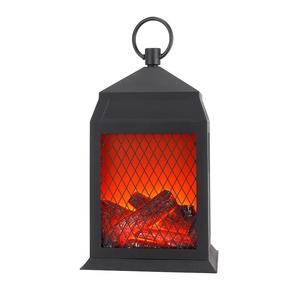 TRIROCKS Flameless Fireplace Lantern 12''High with 6 Hours Timer Portable Cordless Battery Operated Fire Place Lantern with LED Fake Flame Indoor Outdoor Fire Place Lamp for Christmas Halloween