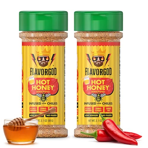 Image of Hot Honey Seasoning Mix, 2 Bottles by Flavor God - Sweet & Spicy All Natural Spice Infused Blend with Chilies for Pizza, Fried Chicken, Wings, Cocktails - Kosher, Gluten-Free & Dairy-Free, Non-GMO