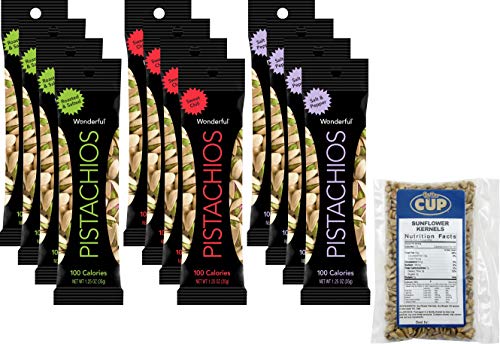 Wonderful Pistachios 1.25 Ounce 100 Calorie Pack Assortment - 4 Roasted and Salted, 4 Sweet Chili, 4 Salt and Pepper - with 1 Bag By The Cup Sunflower Kernels