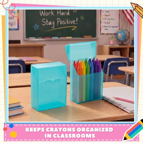 Image of Clabby 4 Pcs Clear Plastic Crayon Boxes Hold 24 Count, Teal | Organizer Box, Case, Colorful, Portable Storage Holder with Snap Lid, for Kids Boys Girls School Classroom Home Art Supply
