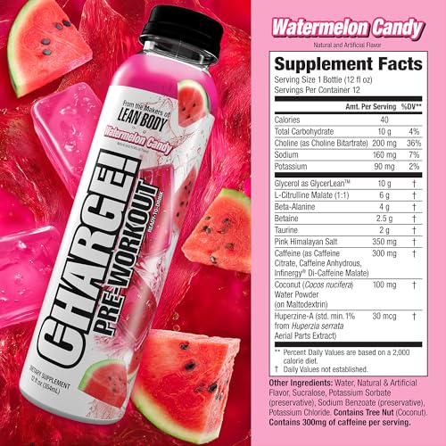 Image of LABRADA Charge Pre Workout Watermelon Candy RTD Drink - Pump, Energy, Endurance Formula with 10g Glycerol, 6g L-Citrulline Malate, 4g Beta Alanine, 300mg Caffeine, + Total Hydration, 12 Servings
