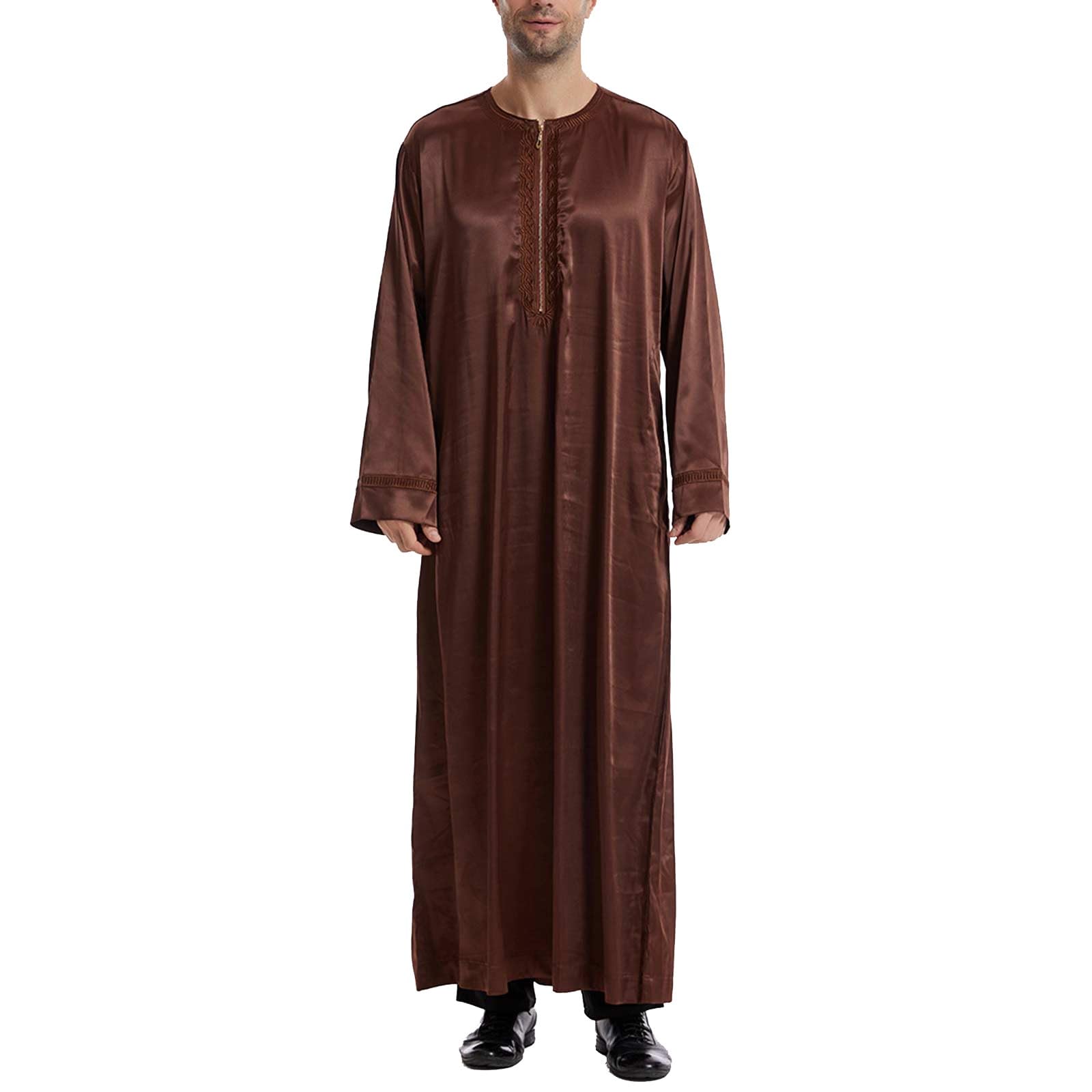 Męski muzułmański kaftan thobe długi szlafrok, arabska islamska odzież z haftowanym dekoltem, luźny strój Eid Ramadan Dubai, tradycyjna koszula Abaya do modlitwy na co dzień