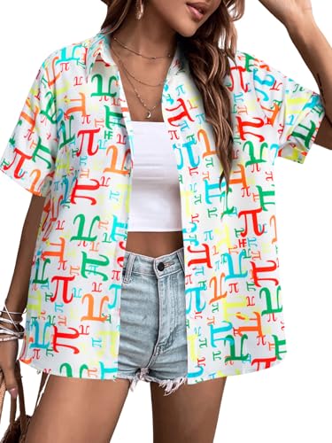 Pi Day Math Shirt Women Men 3.14 Mathematics T-Shirt Funny Pi Day Spiral Teacher Tee Casual Button Down Short Sleeve Tops White