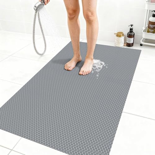 Extra Large Non-Slip Shower Mat, Fast-Dry PVC Bath Stall & Tub Mat, Drain-Hole Design,for Shower Stall Tub for Elderly/Kids，Non Slip Bathroom Safety Accessory，Gray 32"x58"