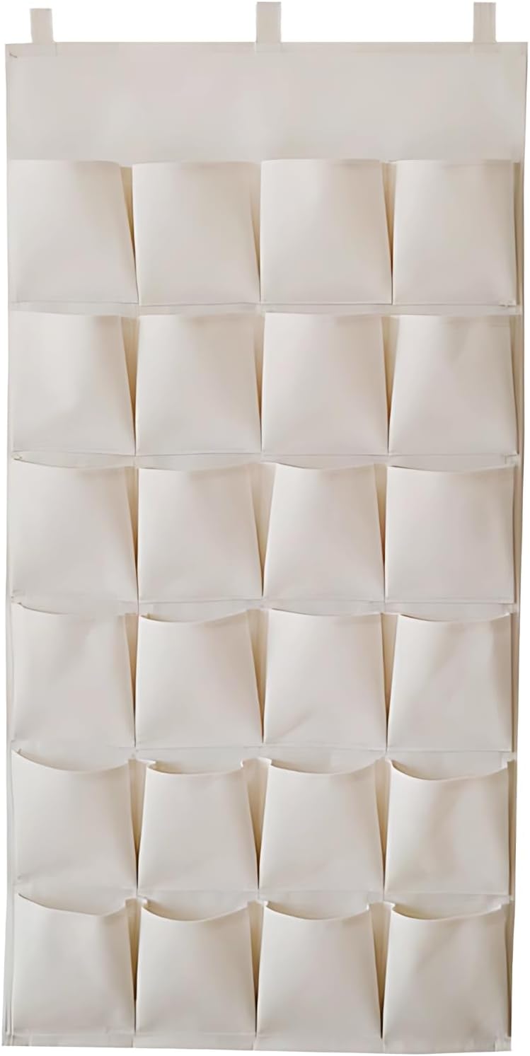 24 Pockets Hanging Organizer, Beige Fabric Storage Bag, 35 X 17.7 in Classroom Door Wall Mountable Over The Door Organizer, Cotton for Cell Phone, Combs, Keys