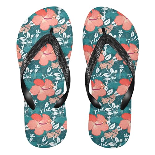 Sinestour Red Flower Teal Flip Flops for Beach Thong Sandals Anti-slip Lightweight Beach Slippers for Summer Swim Travel