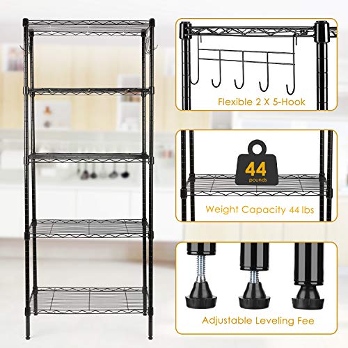LEHOM 5-Wire Shelving Metal Storage Shelves, Adjustable Shelf with Stainless Side Hooks & Adjustable Leveling Feet for Laundry Bathroom Kitchen Pantry ,220 LBS Capacity- 23.63\"L×13.78\"W×59.1\"H Black